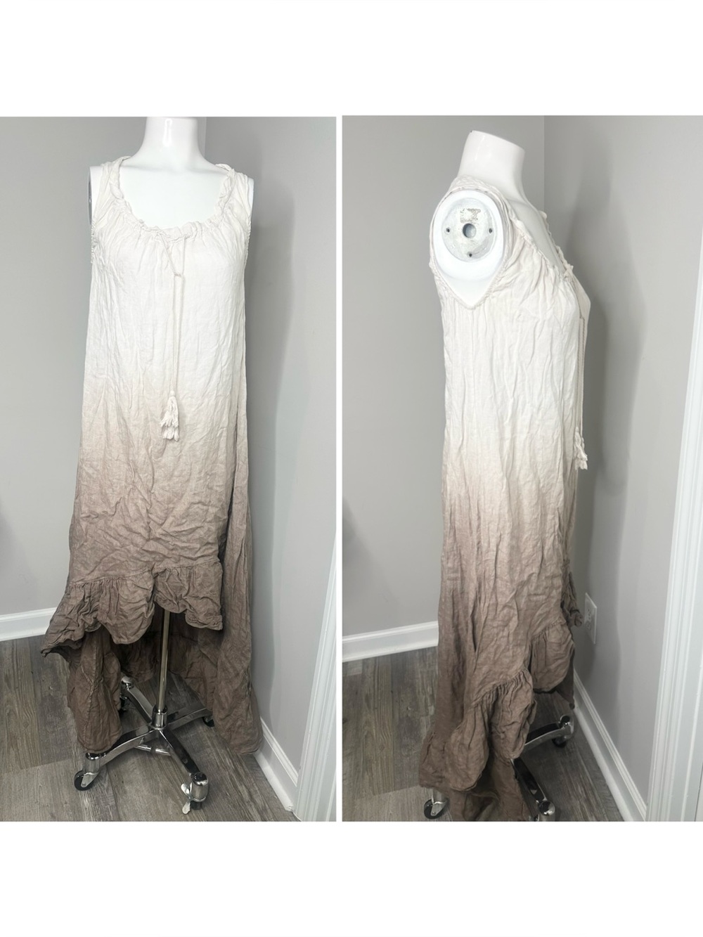 Cobble stone Sleeveless Ombre linen Maxi Dress in Cream to Brown-m/L
